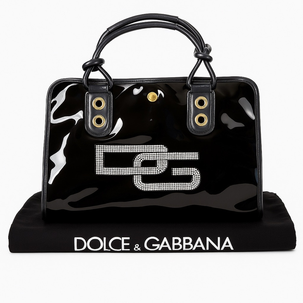Dolce & Gabbana Black Patent PVC Rhinestone Logo Tote Bag